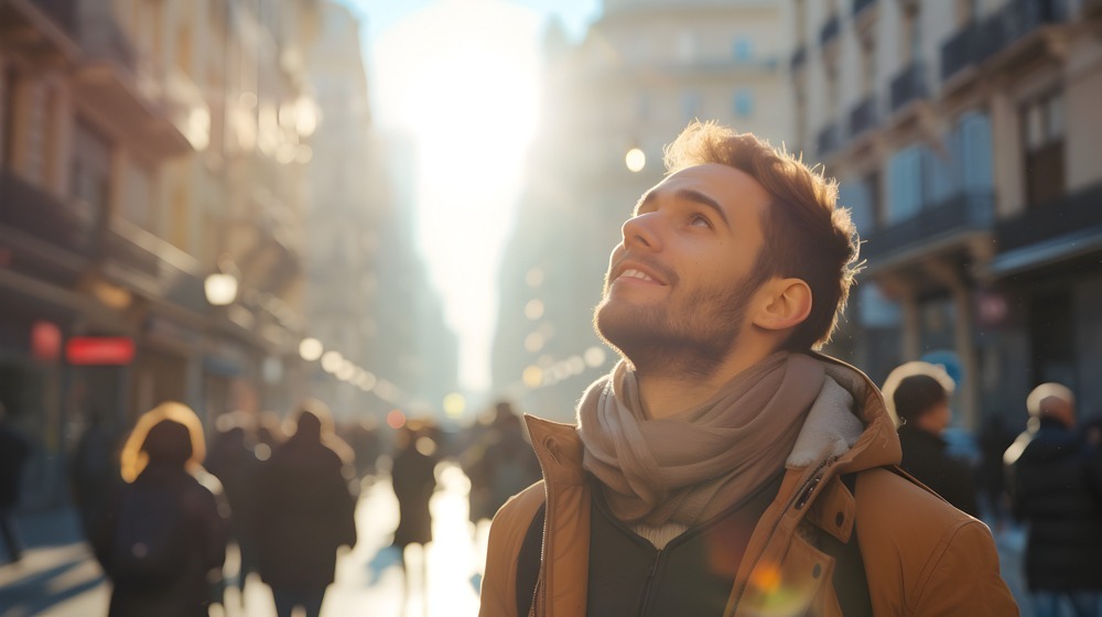 man looking up outdoors, showing signs of pink cloud syndrome