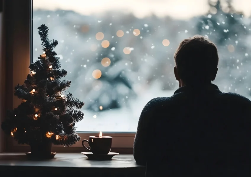 man looking out a window and reflecting on winter wellness