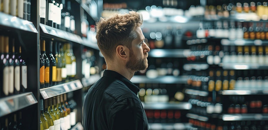 man standing in a beer and wine aisle reflecting on dry drunk struggles